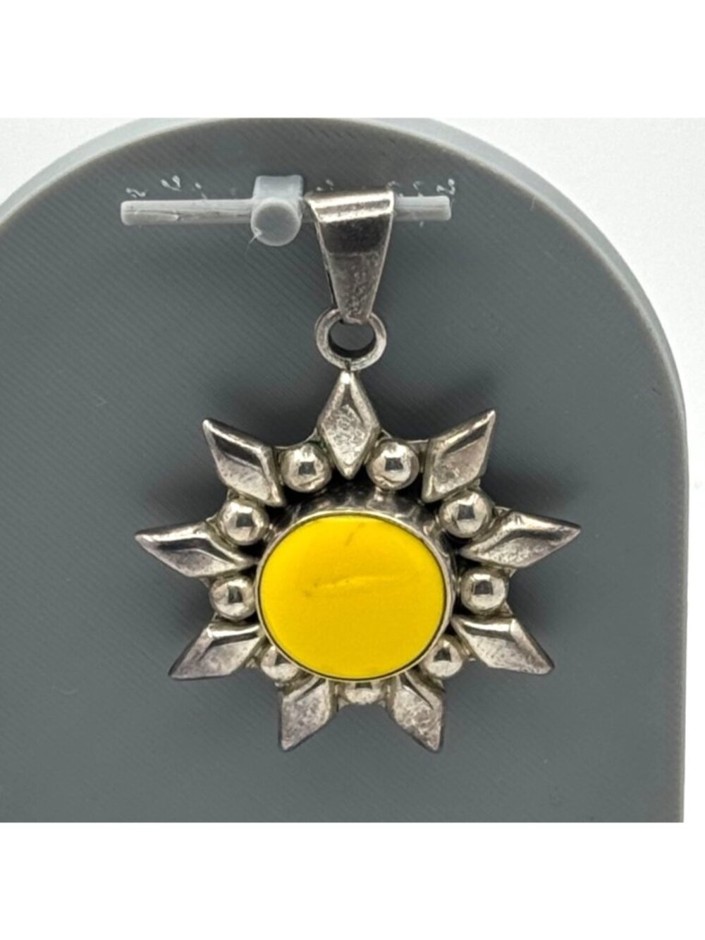 Mexican Yellow Glass Sun Pendant Sterling Silver Sun Center Mexico 925 Vintage 2